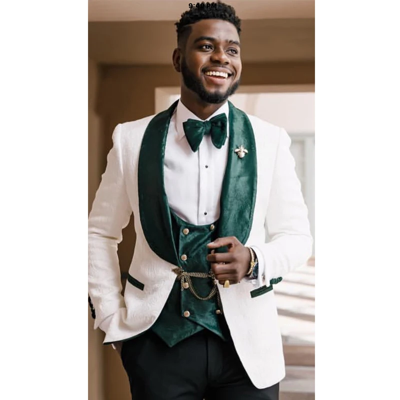 

Classic Groom Tuxedo for Wedding African Slim Fit Men Suits White Floral Pattern Jacket Green Velour Vest with Black Pants