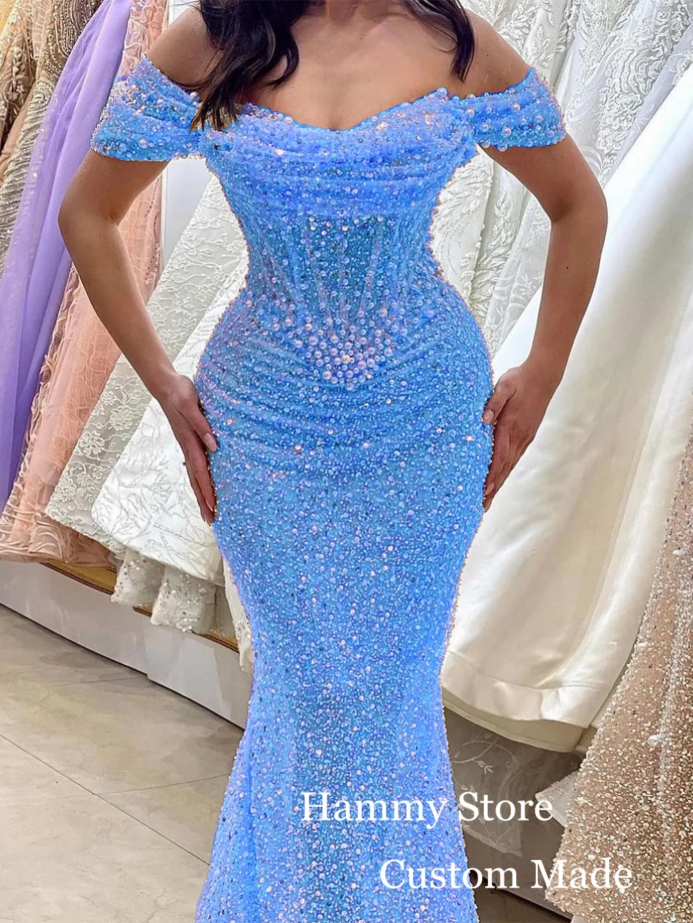 Pearls Evening Dress for Weddings Customized Off The Shoulder Sweetheart See Through Sequined Mermaid Prom Gown Dancing Dress