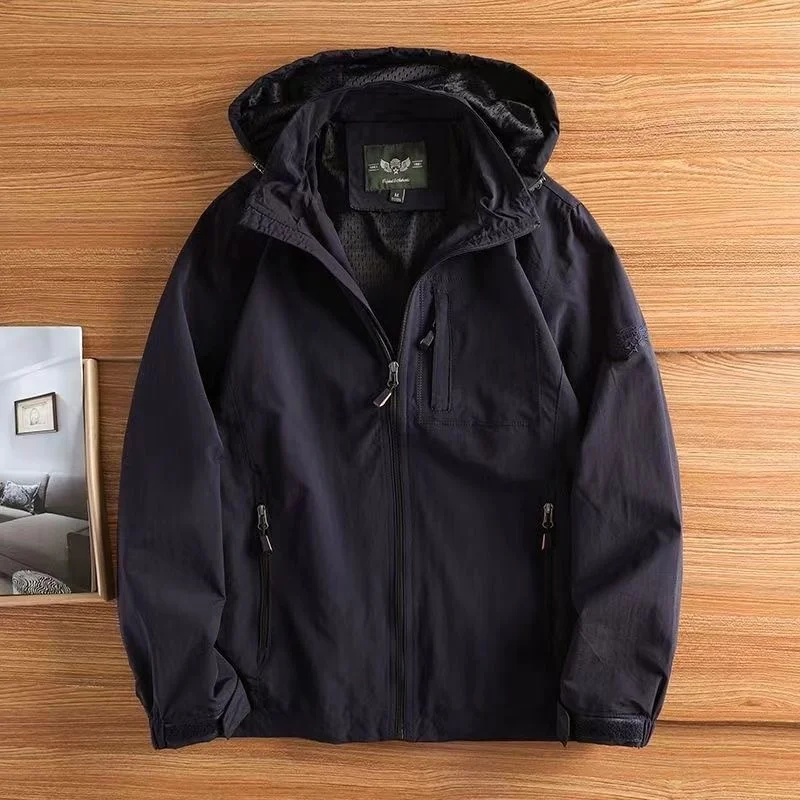 Men's Casual Outdoor Jacket Windproof Technology Three-Proof Loose Fit Hooded Coat Polyester Fabric Long Sleeve Spring Autumn