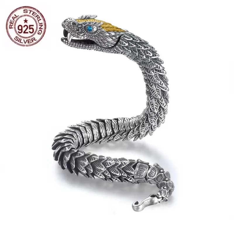 

100% Real Solid S925 Silver Viking Gothic Black Gun Dragon Men Bracelet Rock Style Golden Horn Women Party Jewelry Trend Bangle