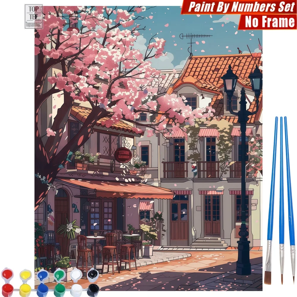 

Набор для рисования по номерам «Улица с цветущими вишнями» — Весенняя, спокойная и прекрасная сцена, семейное занятие, пасхальный подарок для бабушки