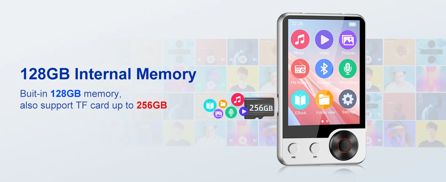 128GB MP3 Player with Boosted Bluetooth 5.3, Music Player Features HD Speaker, 2.4" Touchscreen, Expandable SD Card Slot, Dual