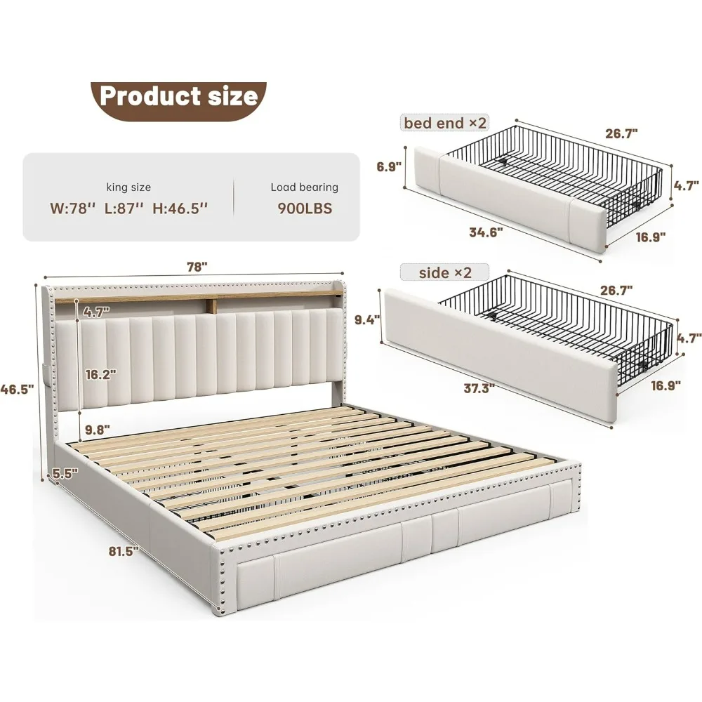 King Size Bed Frame with 4 Storage Drawers, Upholstered King Bed Frame and headboard with 2-Tier Shelves,Mattress Foundation