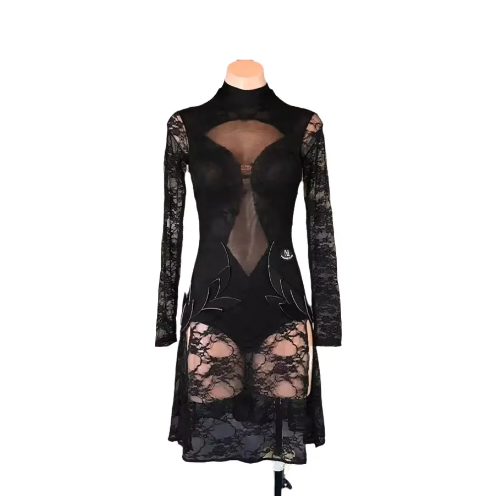 Latin Dancer Adult Children High-End Customized Black Embroidered Mesh High Neck Cha Cha Samba Professional Performance Dress