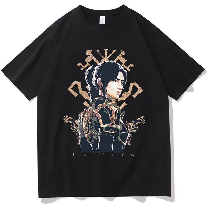 Arcane Jinx Graffiti T Shirts Caitlyn Kiramman Tshirts Men's Women's Harajuku Casual Short Sleeve Tees Summer Hip Hop Streetwea