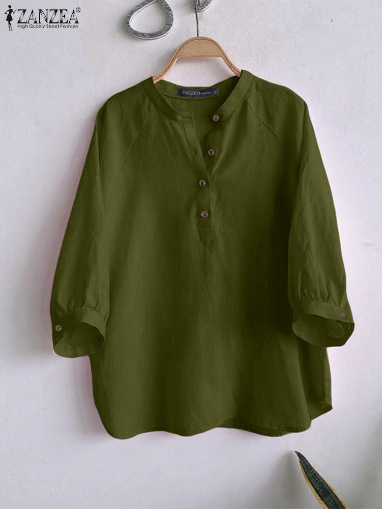 

ZANZEA 2025 Autumn 3/4 Sleeve Blouses Women Casual Round Neck Half Buttons Blusas Mujer Everyday Wear Solid Color Tops