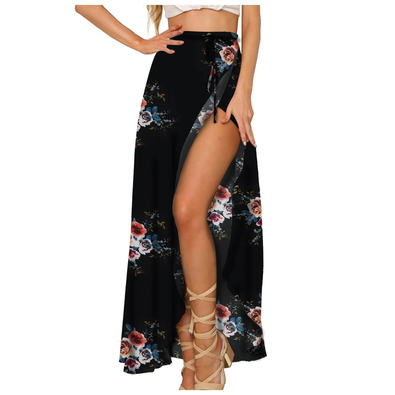 

Bohemian Floral Skirt For Women High Waisted Lace Up Female Loose Split Boho Half Body Skirts Gentle Sexy Goddess Style Dressing