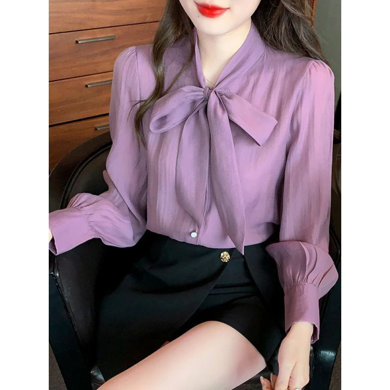 Women\'s Clothing Korean Fashion Bow Lace Up Elegant Shirt Office Lady Commute Chiffon Blouse Casual Solid Long Sleeve Loose Tops