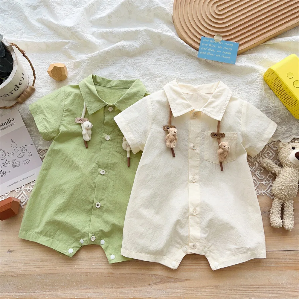 

Jenny&Dave 2023 Nordic Baby Suit Summer Cardigan Short Sleeve Bodysuit Little Bear Creeper Outgoing Suit Baby 3 Months Children