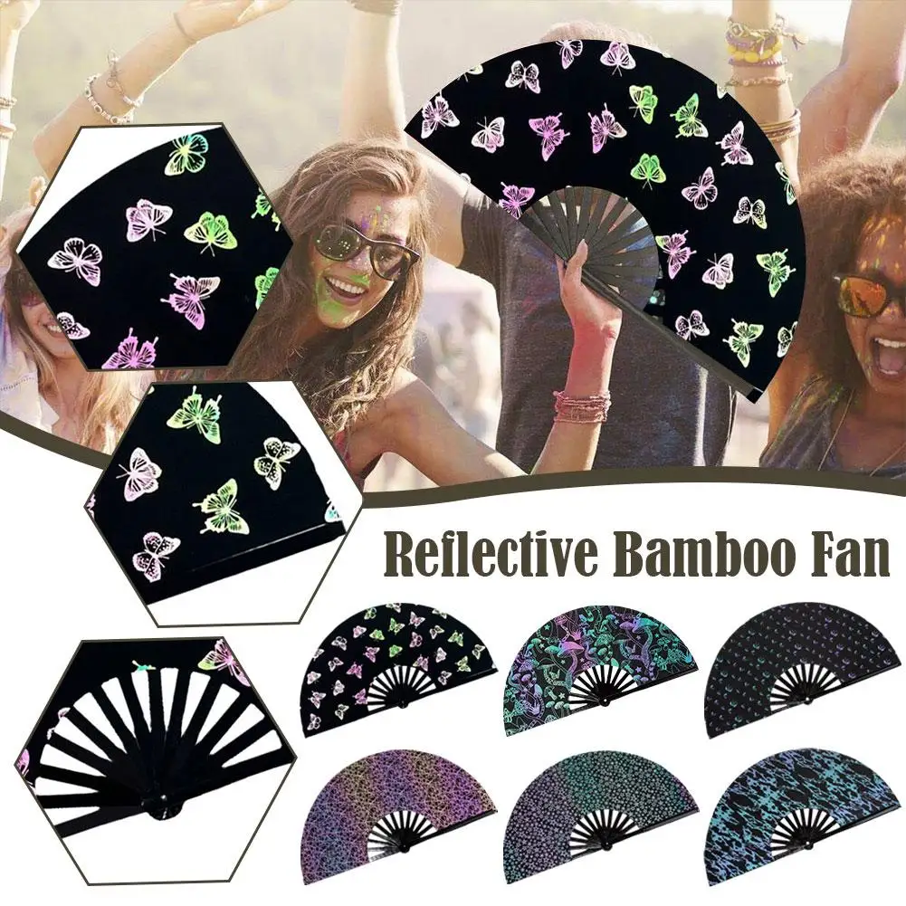 Large Foldable Handheld Fan Creative Reflective Butterfly Printed Fabric Bamboo Fan Folding Handfan For Bar DJ Dance Show Props