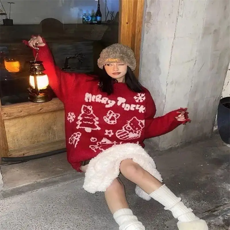 

Kitty Cat жаккардовая атмосфера сладкий и нежный стиль Sanrio Hello красный свитер куртка женская осенне-зимняя свободная теплая вязаная новинка