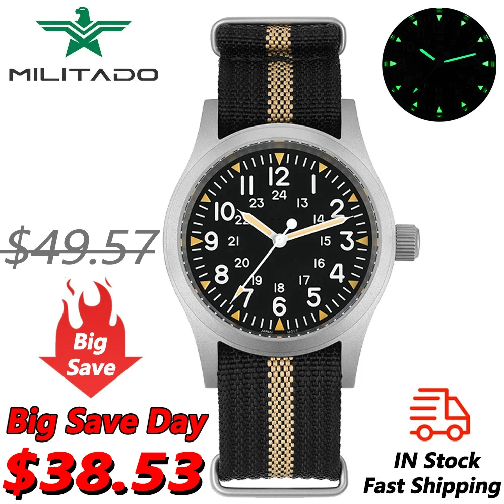 Militado ML05 38mm Vintage Watch VH31 Quartz Movement Field Watches Domed Sapphire Crystal With High Clear AR Coating Wristwatch