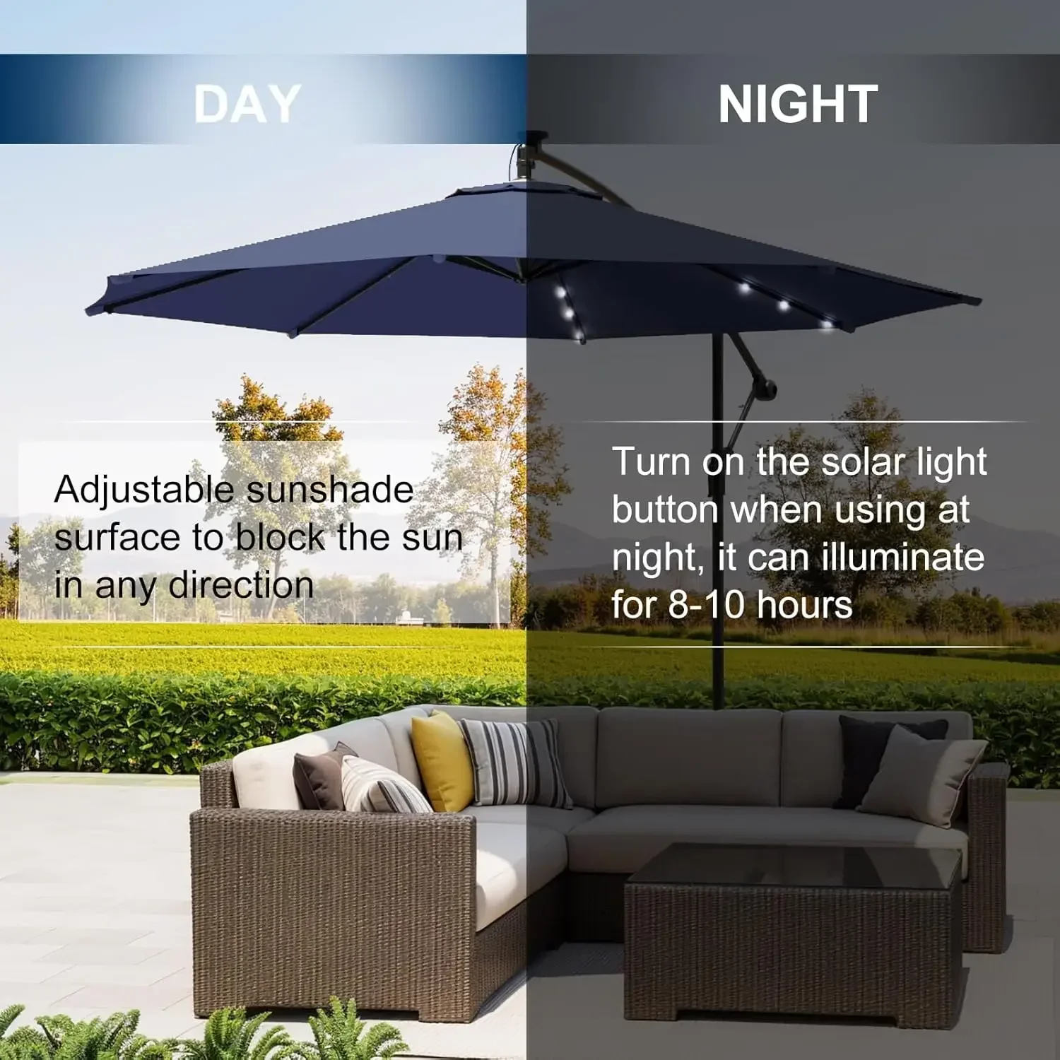 مظلة فناء مضاءة بالطاقة الشمسية بطول 10 أقدام لعام 2025 مع قاعدة متضمنة، مظلة ناتئ للإزاحة الخارجية، إمالة لا نهائية، حماية من الأشعة فوق البنفسجية لـ #6