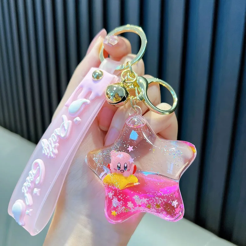 Kirby Keychain Cartoon Quicksand Bottle Bag Pendant Children Key Chain Accessories Anime Girl Car Bag Decoration SchoolBag Gift