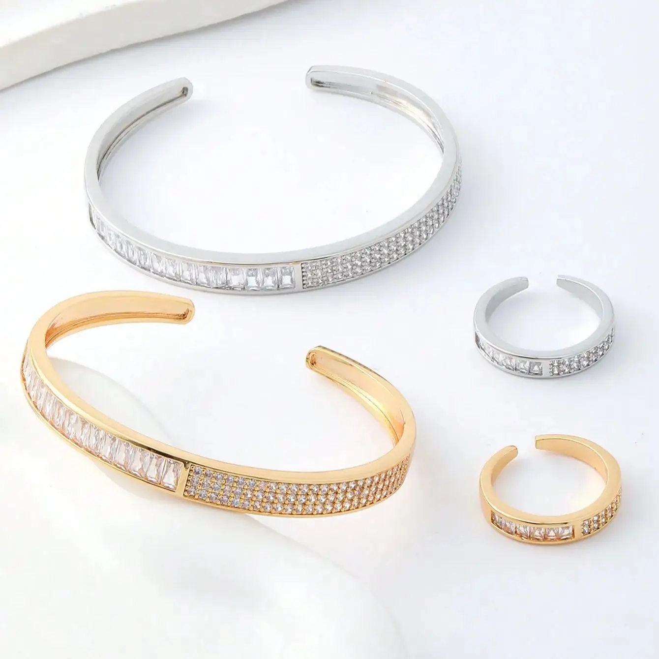 A new European and American trend minimalist niche micro-inset zircon asymmetric open bracelet ring set