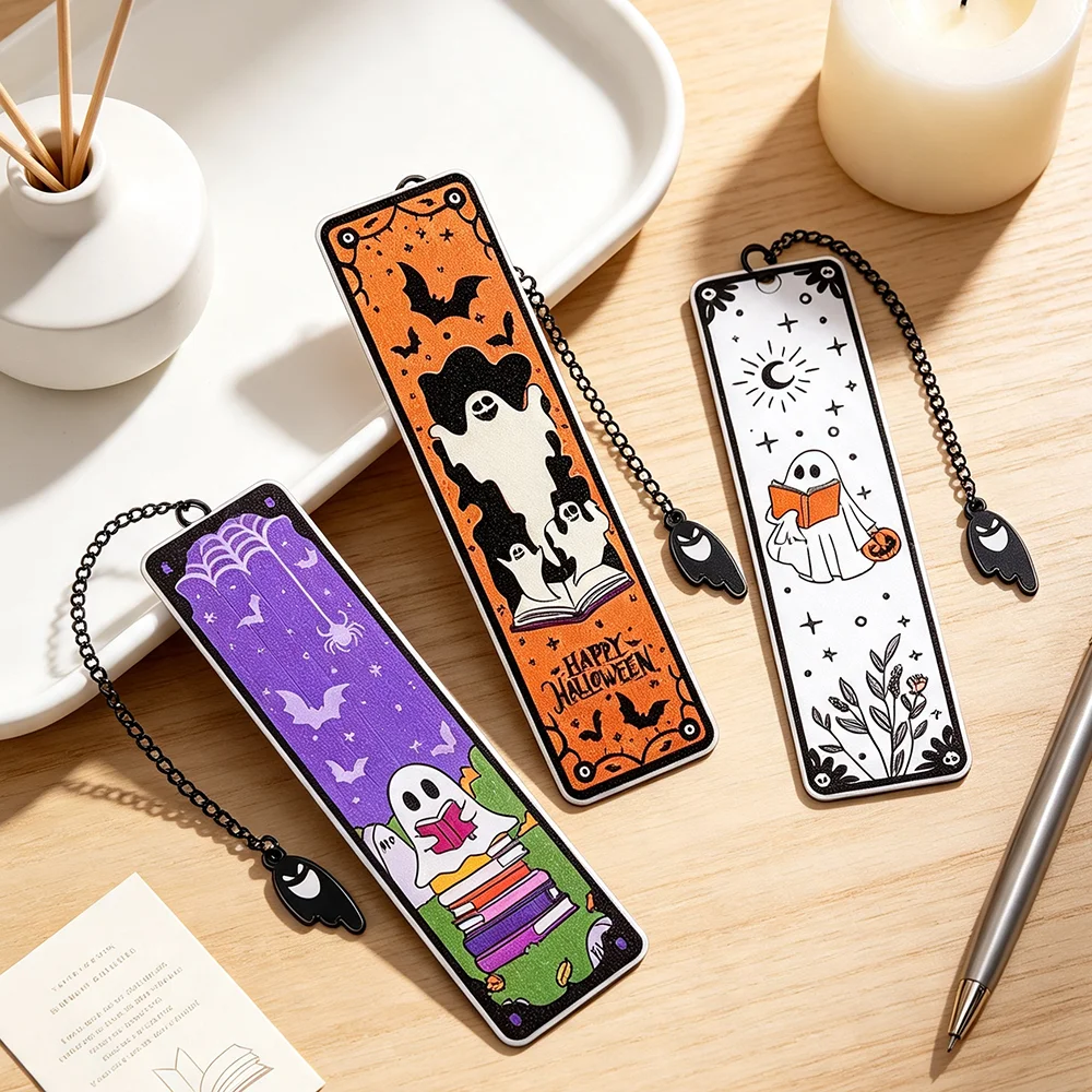 Halloween Stainless Steel Bookmark, Ghost Bat Pumpkin Book Mark with Chain, Cute Gothic Page Marker, Reading Accessory Gift
