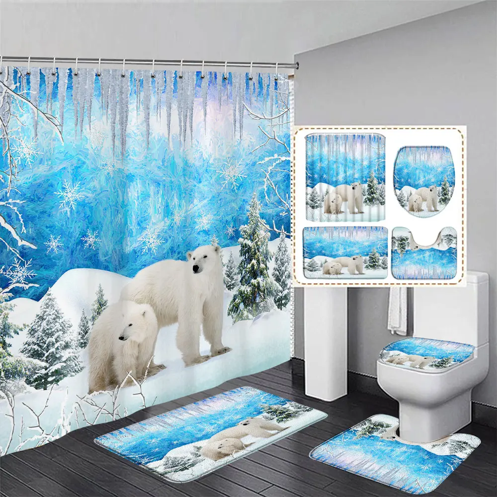 Winter Forest Snowy Shower Curtain Rug Set White Ice Bear Xmas Tree Washable Shower Curtains Bath Mat Toilet Mat Bathroom Decor