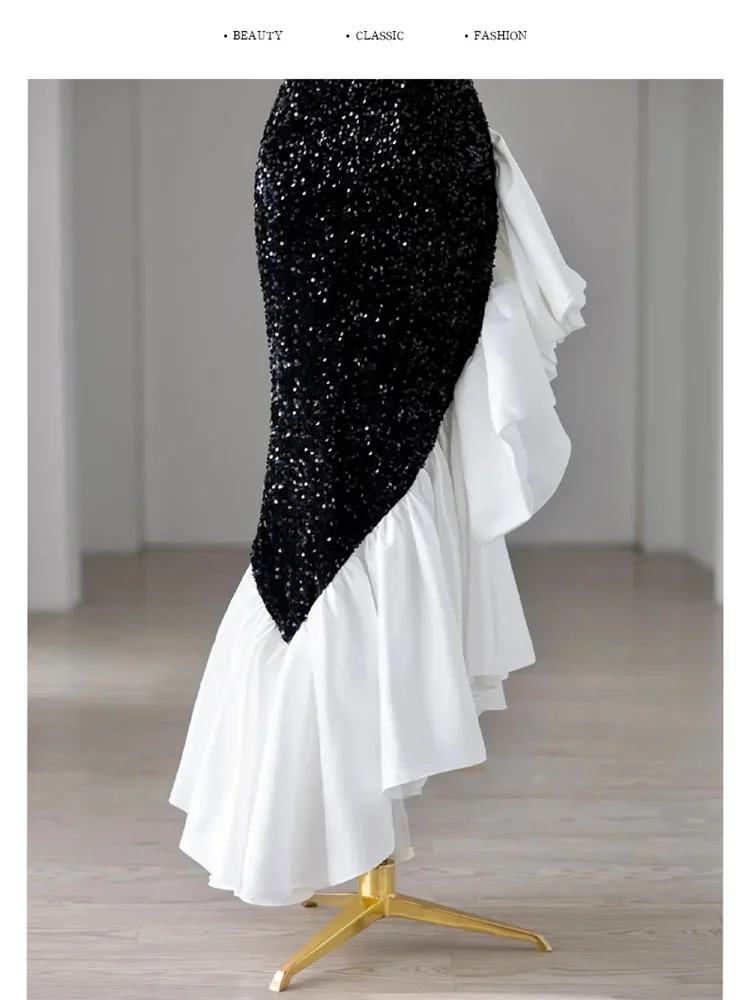 Elegant Black Evening Dress for Women Luxury Sequins Party Vestidos Celebrity Host Slim Black White Bodycon Mermaid Dress Maxi