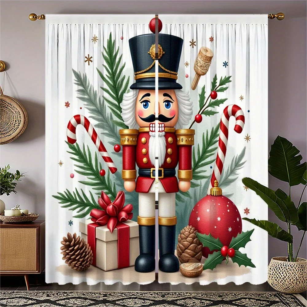 2pcs Nutcracker Soldier Christmas Curtains, Red Green Golden Semi-Opaque Light Filtering for Living Room Dining Decor