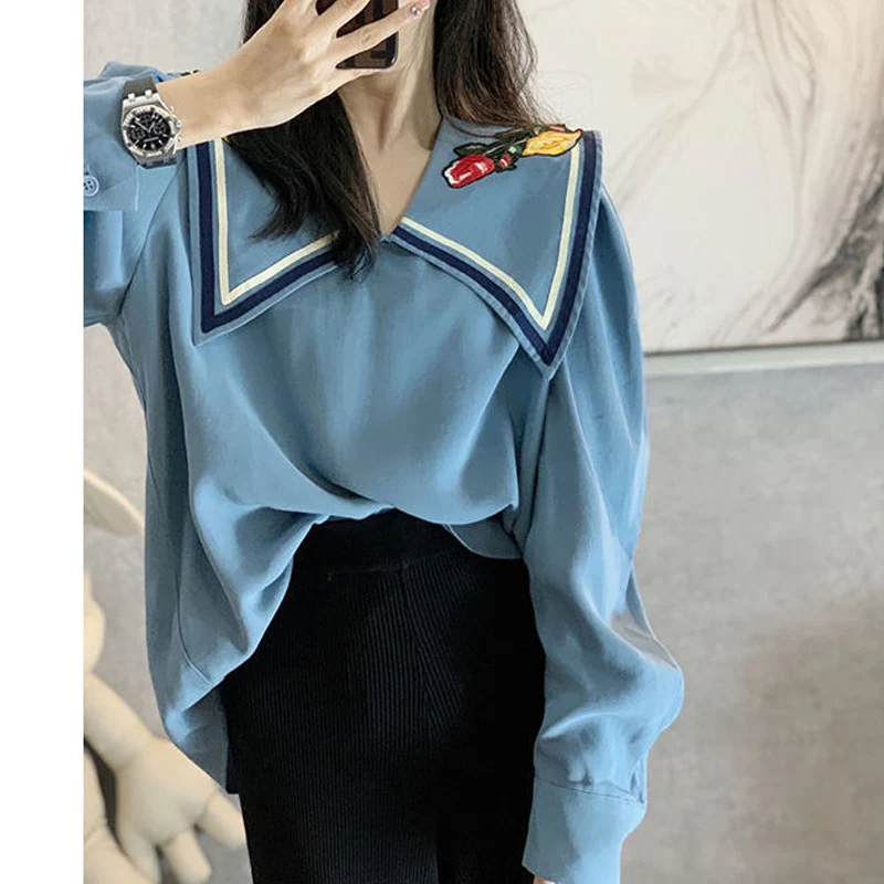 Spring Autumn New POLO Collar Fashion Long Sleeve Blouse Women High Street Casual Loose Printing Pullovers Elegant All-match Top