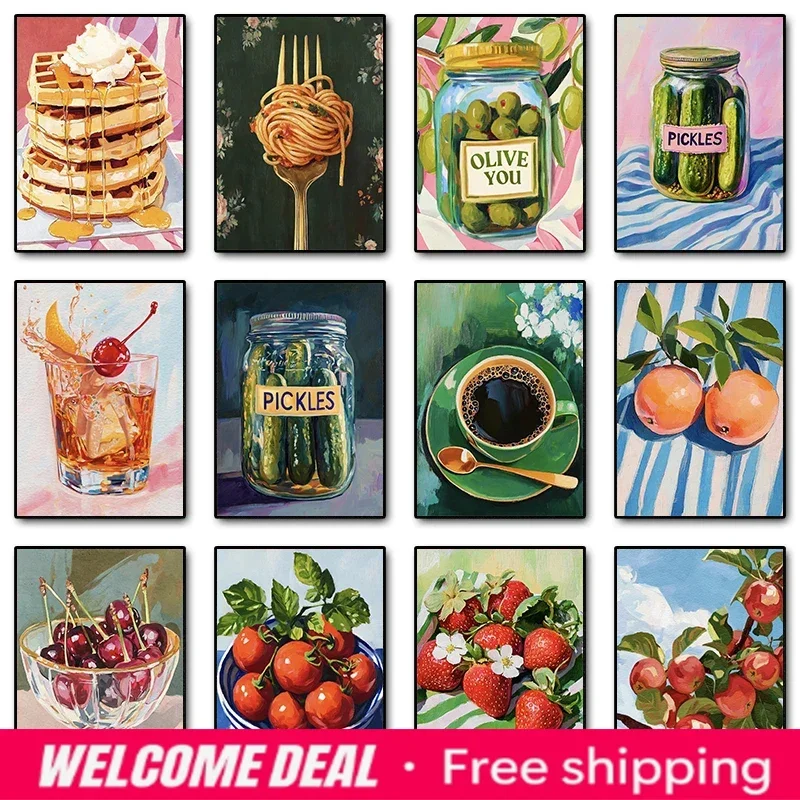 2026  Retro Food Citrus Oranges Pasta Pickles Jar Poster Print Canvas Painting Kitchen Trendy Wall Art Pictures Home Decor Fo