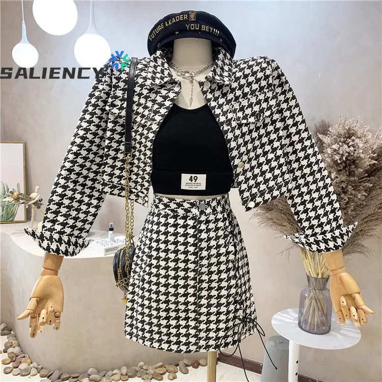 

Street Style Houndstooth Denim Suit 2021 Autumn New Fashion Short Top, High Waist and Thin Side High Slit Skirt Female Two-piece