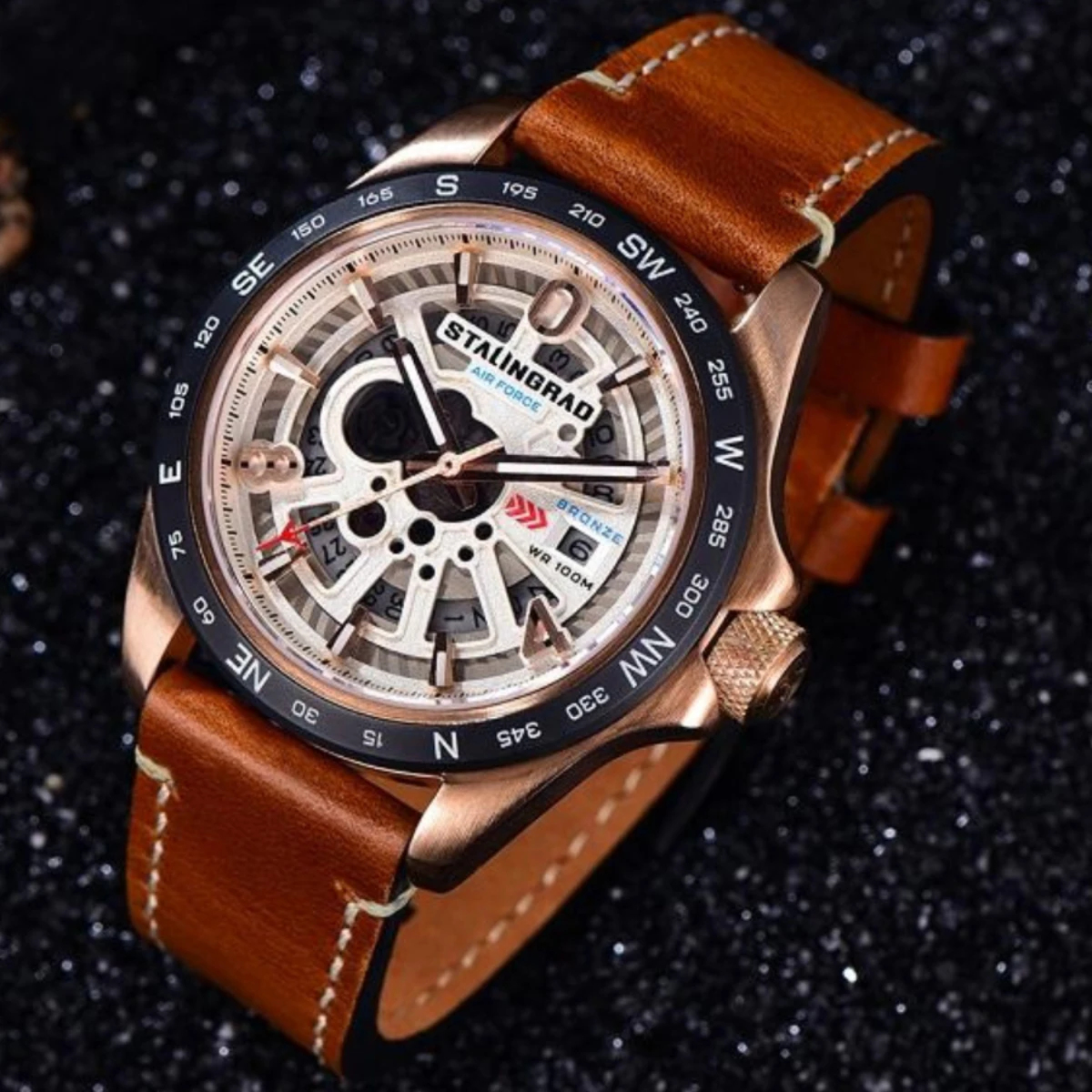 Stalingrad 43MM Bronze Shell Watch for Men 100m Water Resistant Sapphire Glass Durable Leather Strap Automatic Mechanical