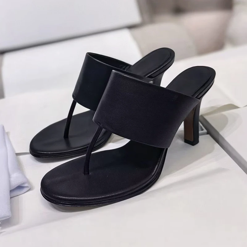 Runway Summer Thin High Heel Split Toe Slippers Women Genuine Leather Narrow Band Sandals Ladies Banquet Dress Shoes Lazy Shoes