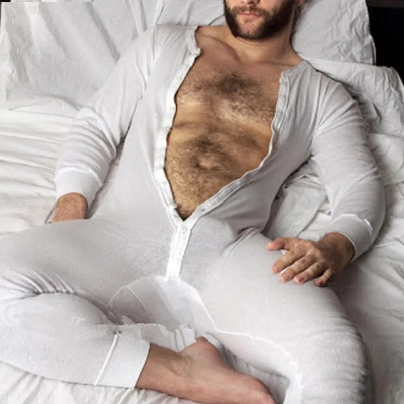 Plus Size Mens Jumpsuit Pajamas Lounge Onesies For Man Homewear Long Sleeve Sleepwear Button Leisure One-piece Rompers Nightwear