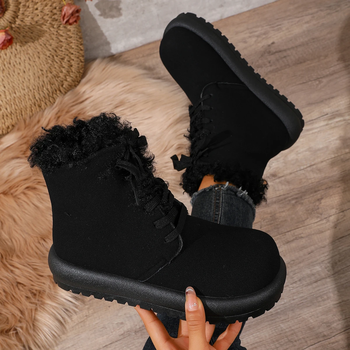 2026 Fall Winter New Ladies Cute Big Round Toe Platform Snow Booties, Lace Up Curly Faux Fur Trim Warm Fuzzy Winter Ankle Boots