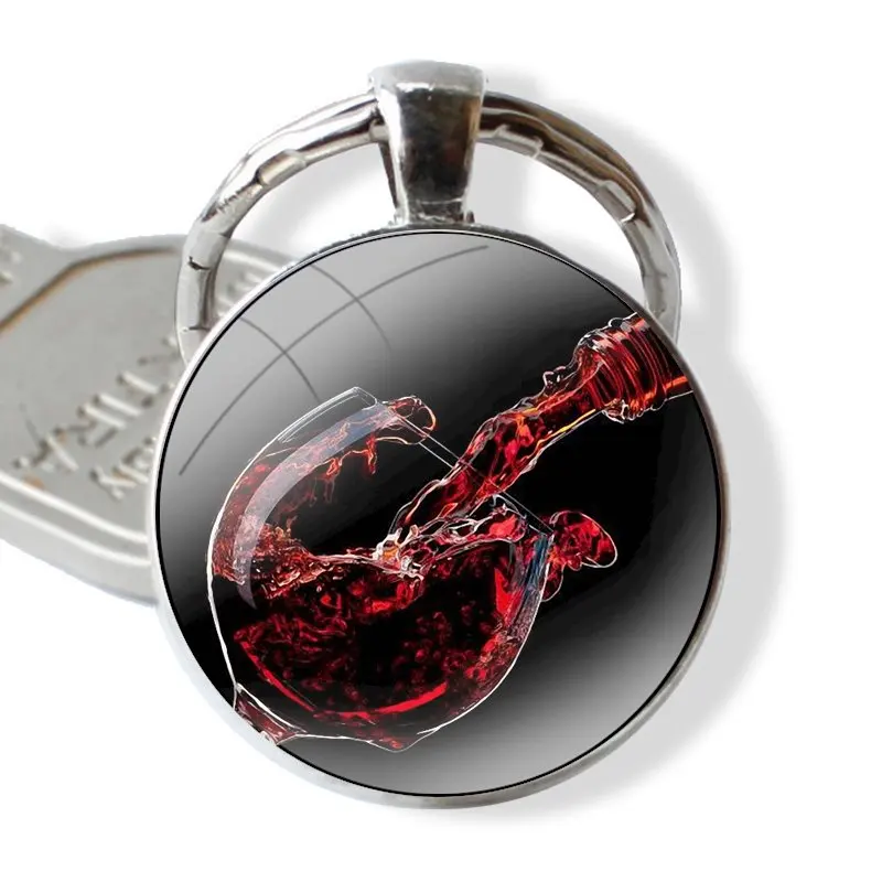 Keychain Handmade Glass Cabochon Key Ring Holder Pendant Key Chains Classy Red Wine Glass Bottle