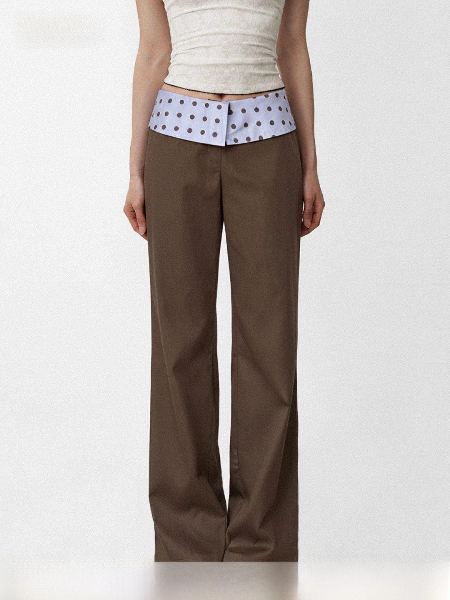

Low Waist Straight Leg Pants WAEW Polka Dot Color Block High Waist Flip Casual Loose Fit Long Trousers for Women