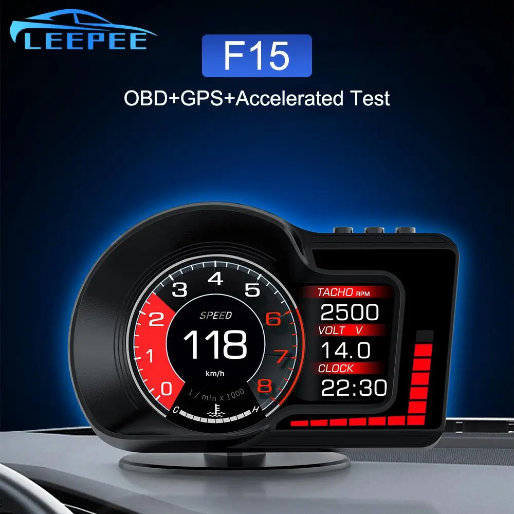 Car Head Up Display Electronic Accessories 6 Alarm Functions OBD GPS Dual System RPM Gauge Speedometer HUD F15 Accelerated Test