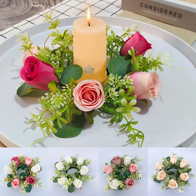 

Candle Rings Candlestick Wreath European Artificial Rose Ornaments Christmas New Year Party Window Props Table Decoration