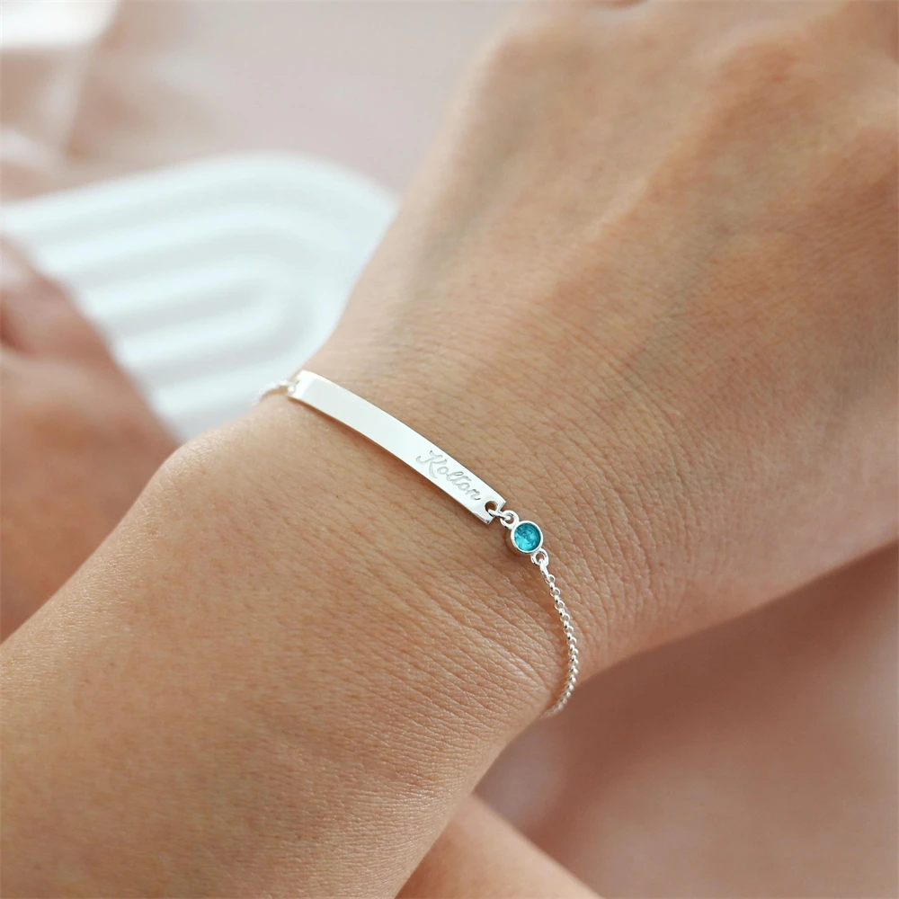 

Custom Crystal Birthstone Name Bracelets Customized Stainless Steel Geometric Bar Charm Bracelet Luxury Jewelry For Women