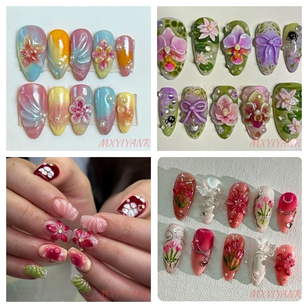 10Pcs Manicure Handmade Art Press on Nails Medium Almond & Coffin Pattern ABS Nails Cute 3D Style Design Nail with Set