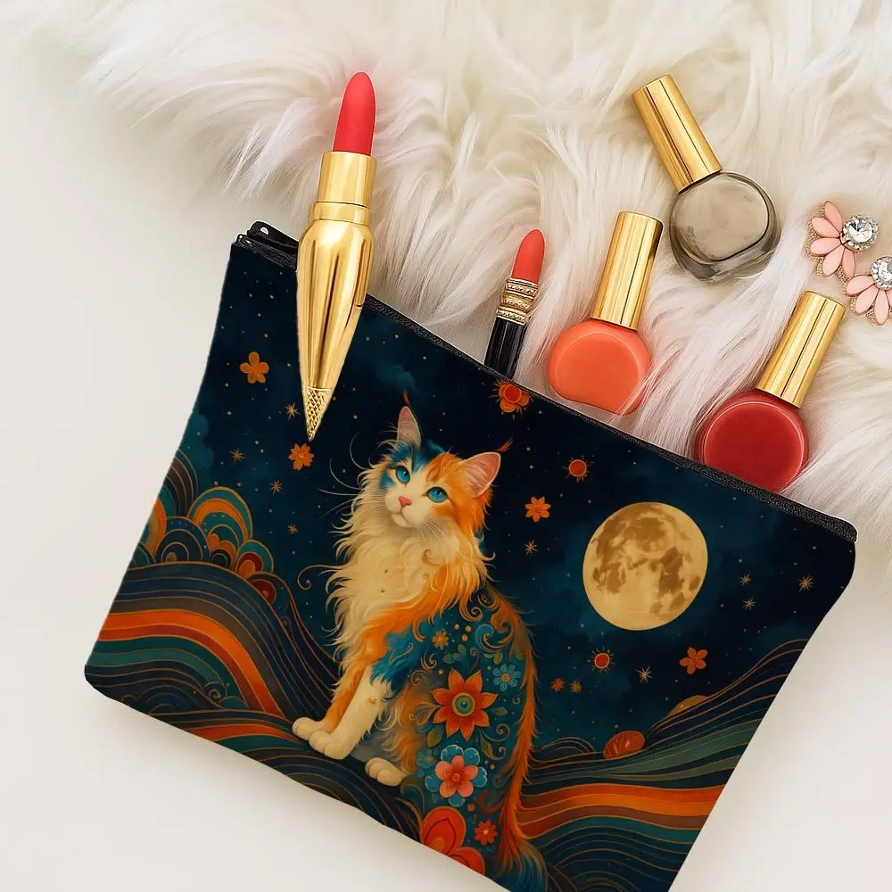 1pc Whimsical Fantasy Art Print Cosmetic Bag - Cat Moon Stars Toiletry Bag, Pencil Case, Pouch - Ideal for Organizing Cosmetics