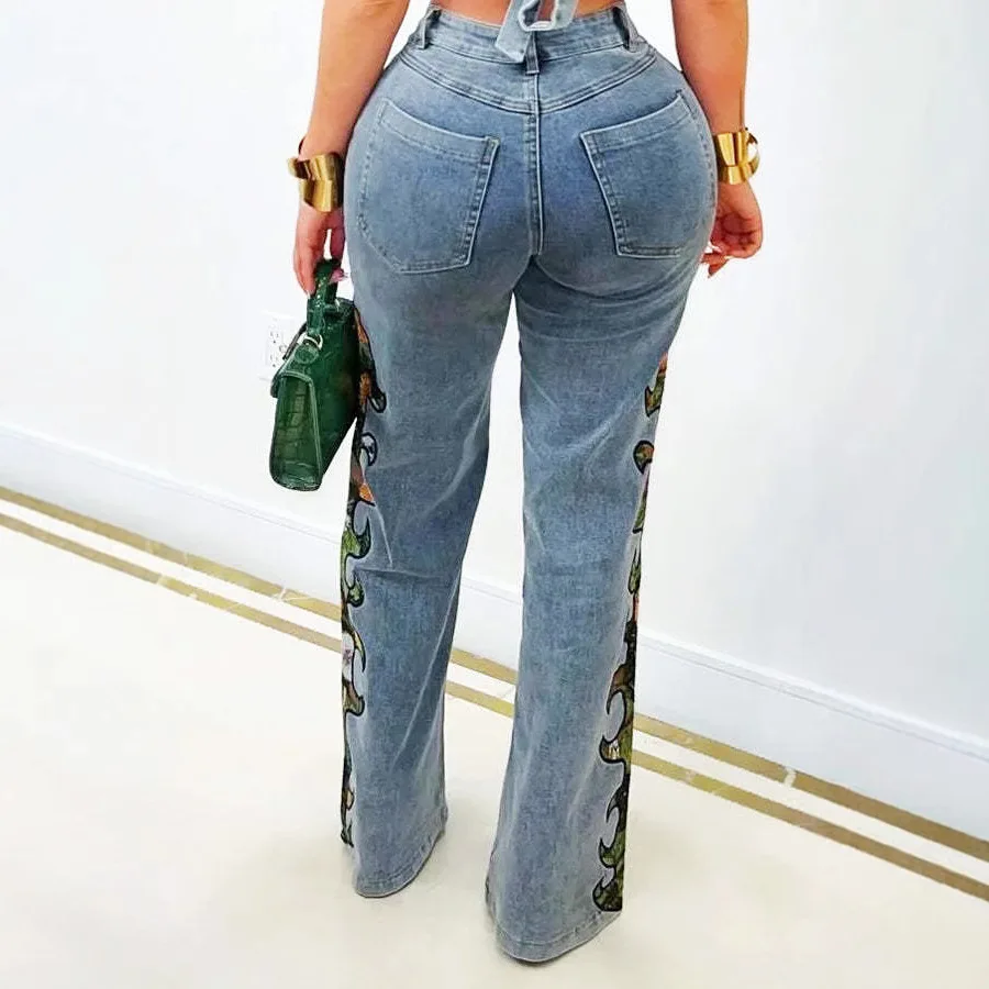 سروال دينم نسائي مطبوع مضحك عالي الخصر بسحاب يطير جينز مستقيم 2025 صيف جديد شعبي ملابس الشارع الشهير ملابس حفلات النادي المثيرة