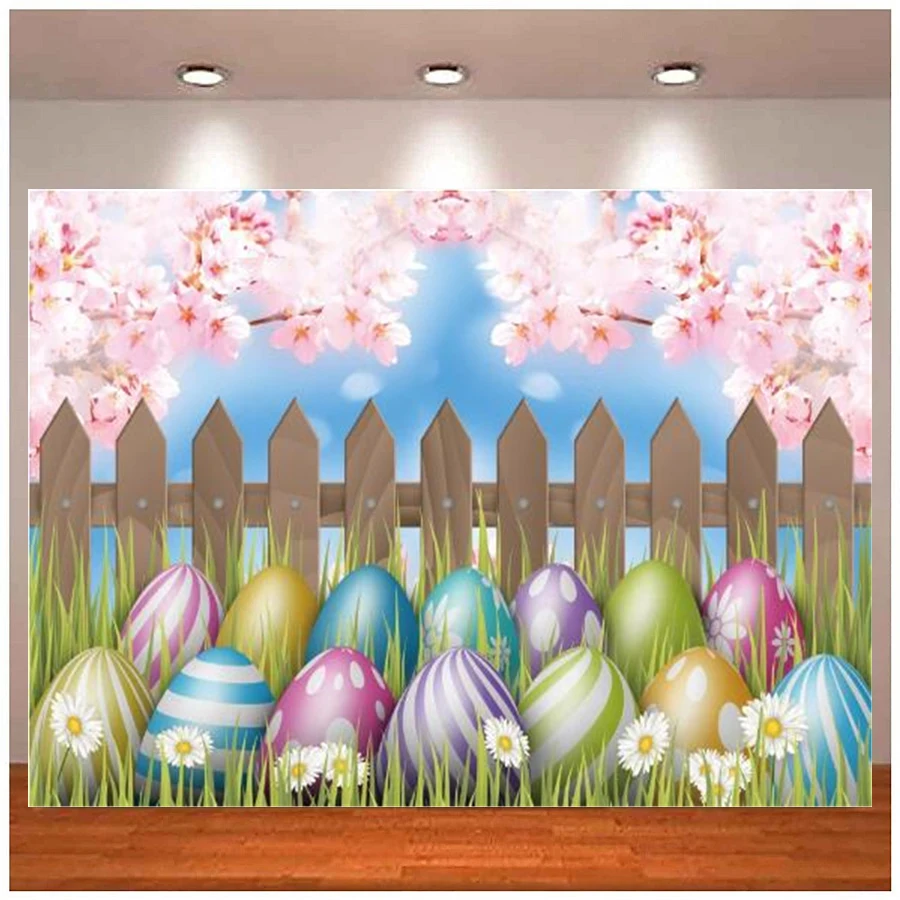 

Easter Photography Backdrop Spring Flower Color Eggs Grass Fence Poster Photographic Background Banner Photo Studio Decoration