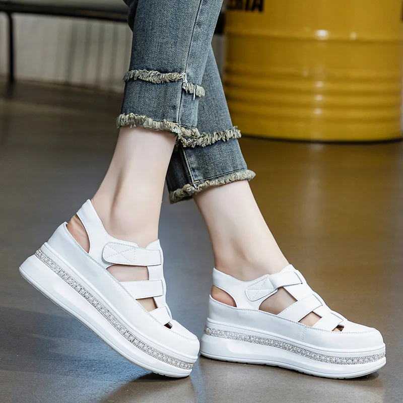 Fujin 7.5cm Weave Genuine Leather Boots Comfy Breathable Sandals Women Slippers Summer Platform Wedge Hook Hollow Flats Shoes