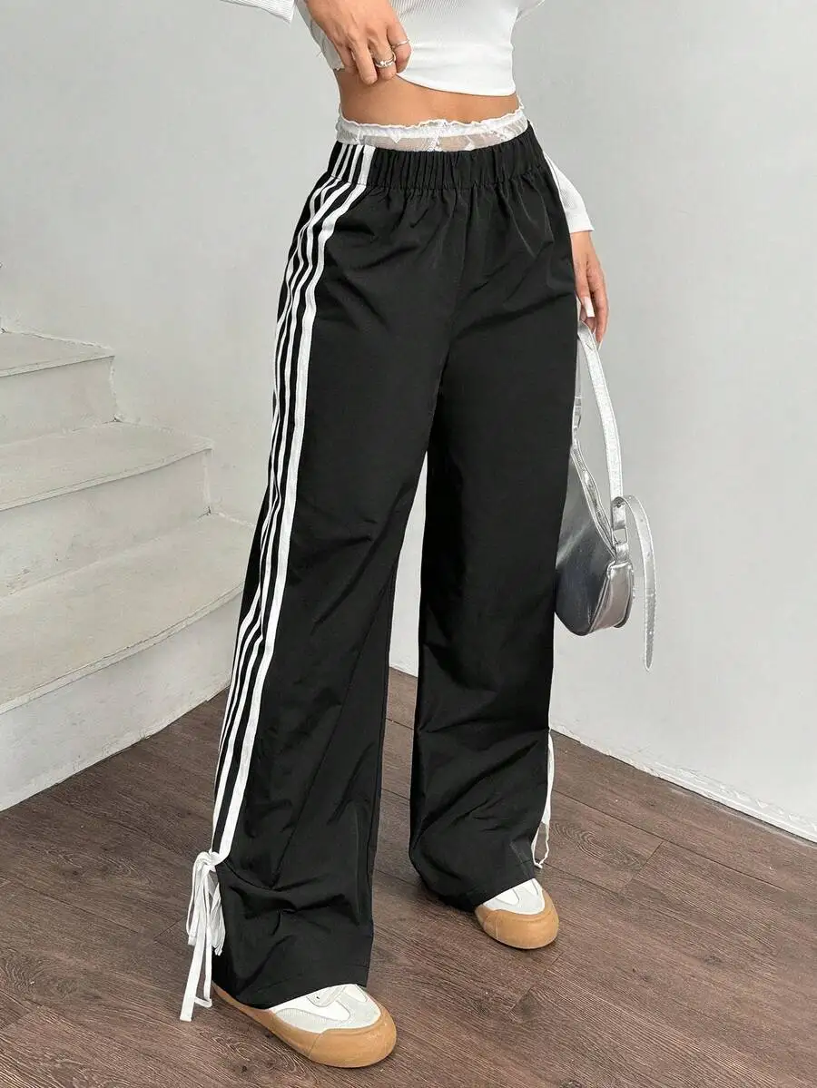 

Women's Black Wide-Leg Pants with White Side Stripes, Elastic Waist, Adjustable Cuffs