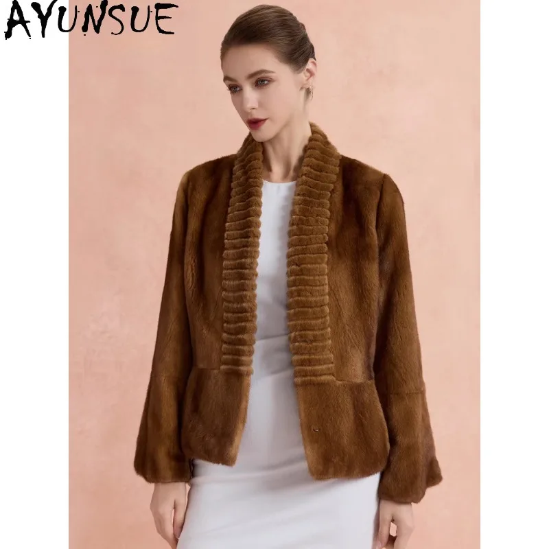 AYUNSUE Real Fur Coat Woman Luxury Fur Jacket Saga Whole Mink Fur Coats Woman New in Outerwears Elegant Woman Clothes Fourrure