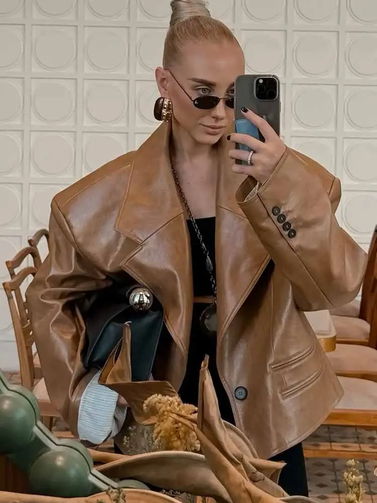 

BKQU винтажная кожаная короткая куртка женская шикарная свободная куртка с лацканами на плечах на одной пуговице из искусственной кожи женская 2200 новая уличная верхняя одежда