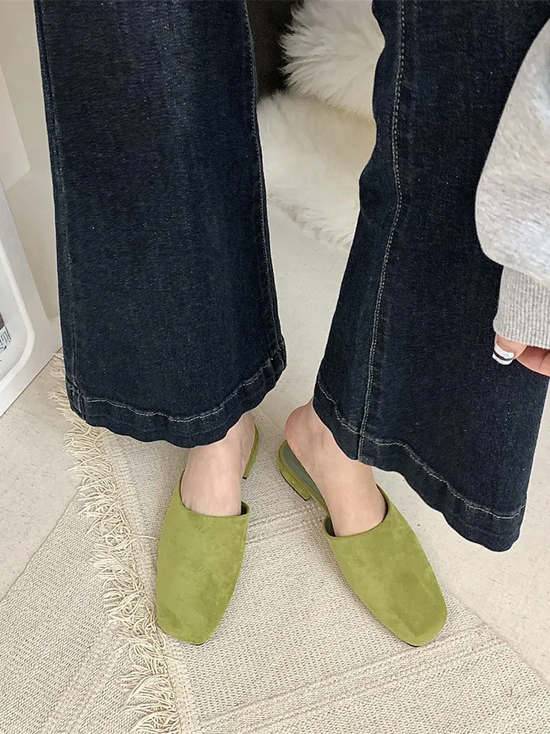 Luxury Suede Sandals Women Summer Sexy Square Head Strange Low Heel Slide Sandals Chunky Heel Elegant Design Mule Slippers Women