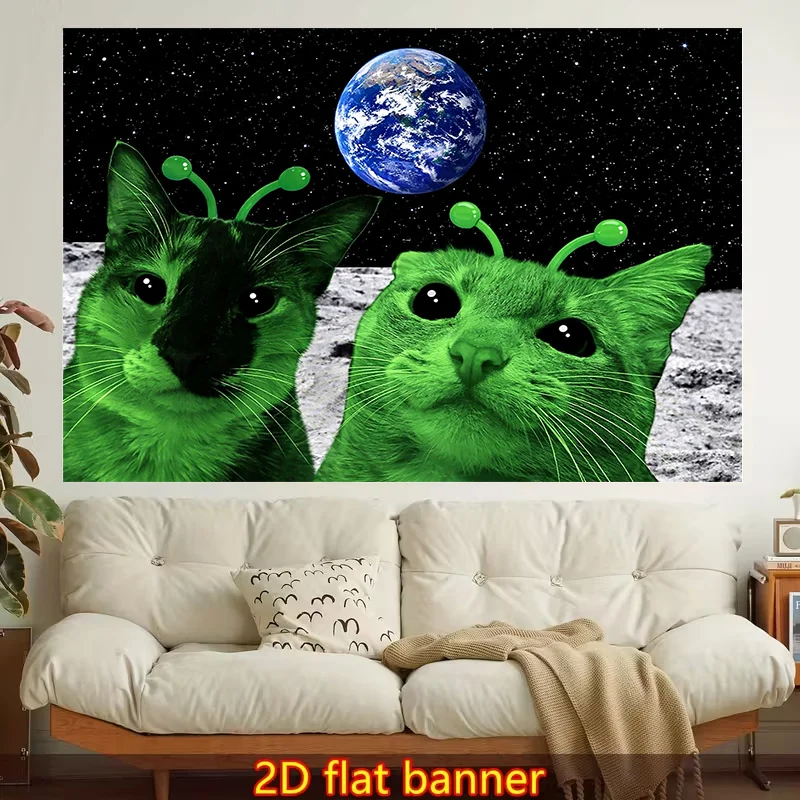 1pc Alien Green Cat Space Moon Tapestry Funny Meme Wall Hanging Outer Space Earth Starry Sky Wall Tapestry For Bedroom Dorm