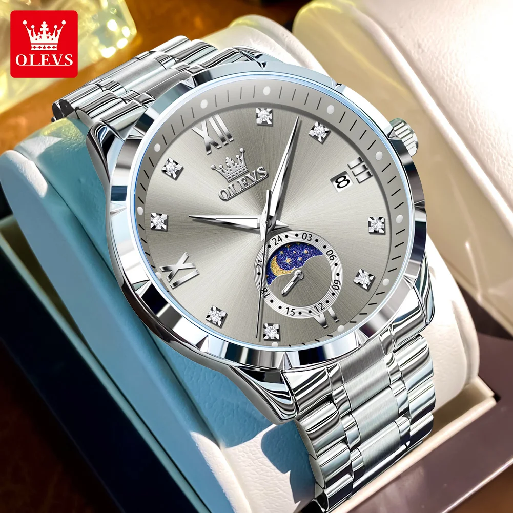 

OLEVS Brand Luxury Original Quartz Watch for Men Business High Quality Stainless Steel Waterproof Fashion Moon Phase Watches Men