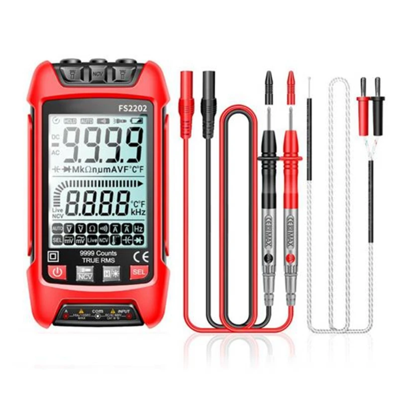 

FS2202 Auto Range Multimeter 9999 Counts TRMS AC DC Voltmeter Amp NCV Resistance Capacitance Transistor Tester Red