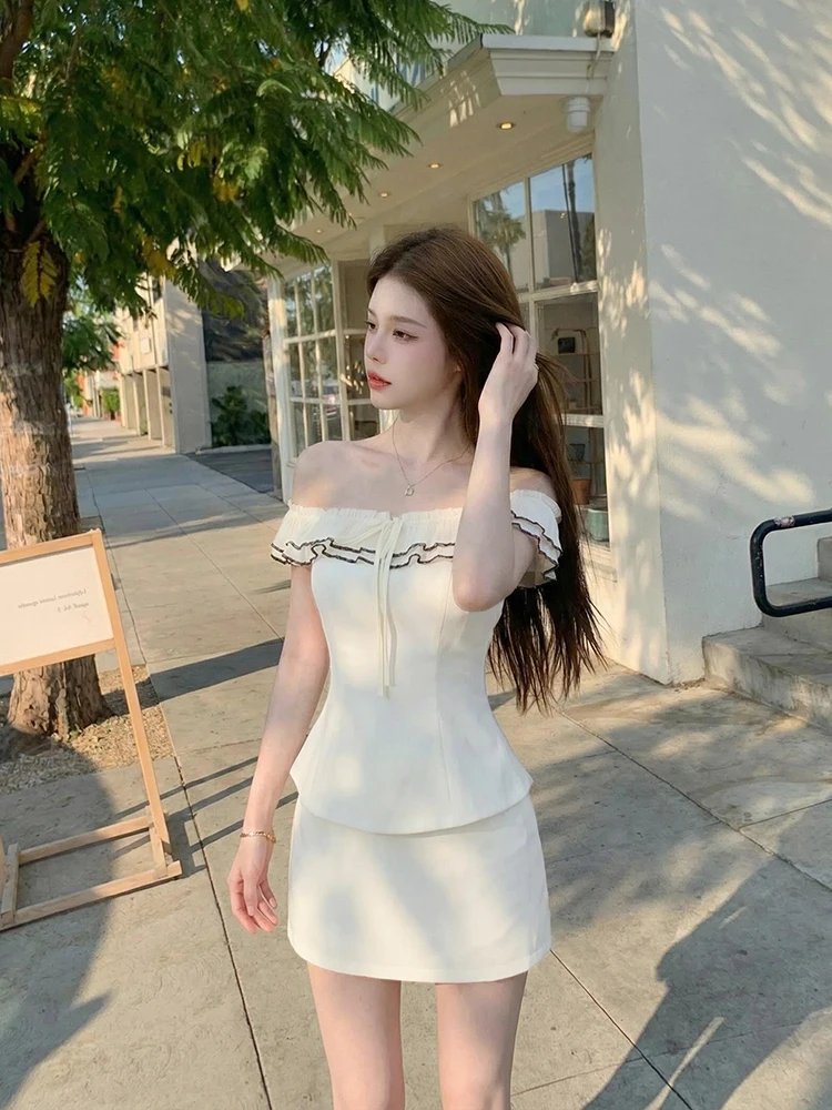 

Korean Style Half Sleeve Short Dress Women's Design Slimming Skirt Set Summer New Arrival Two Piece Set Floral Lace Hemline