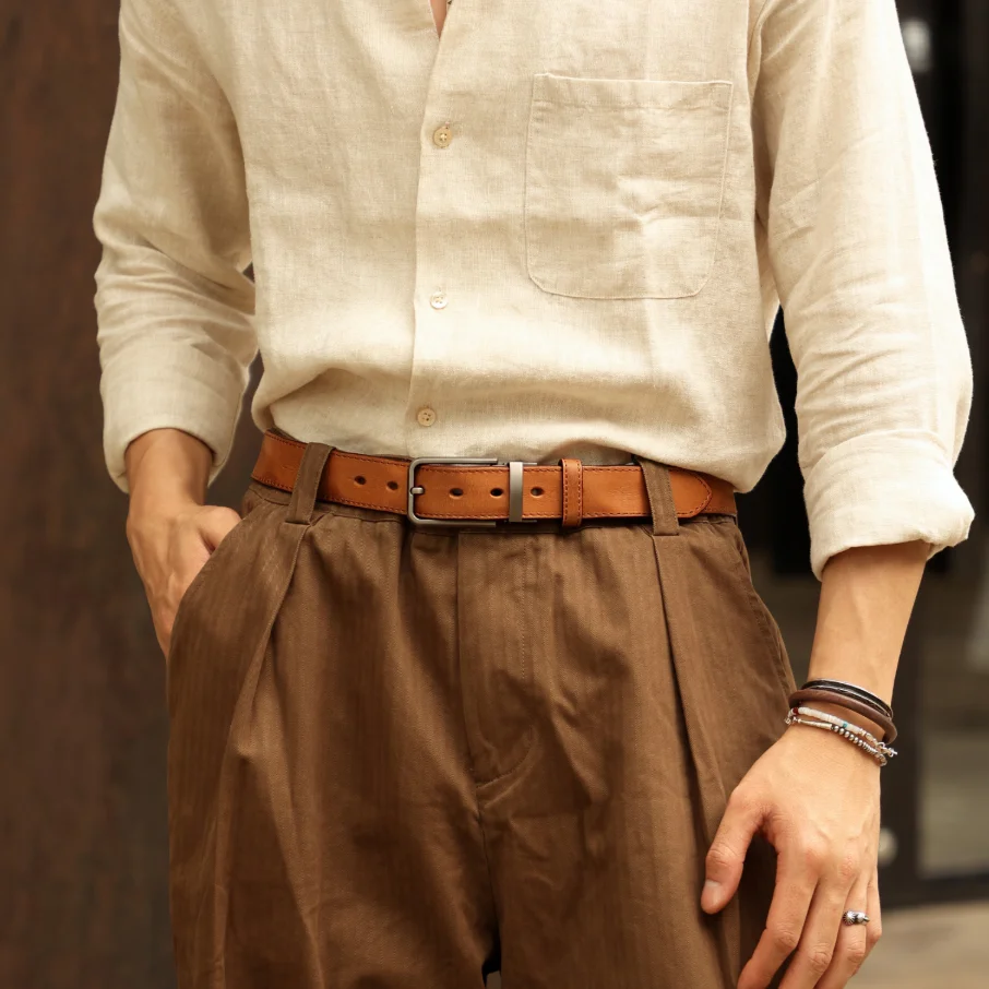 Vintage Handmade Top Layer Leather Belt for Men 3.4cm Wide Genuine Leather Pin Buckle Belt Business Commuter Casual Waist Belt