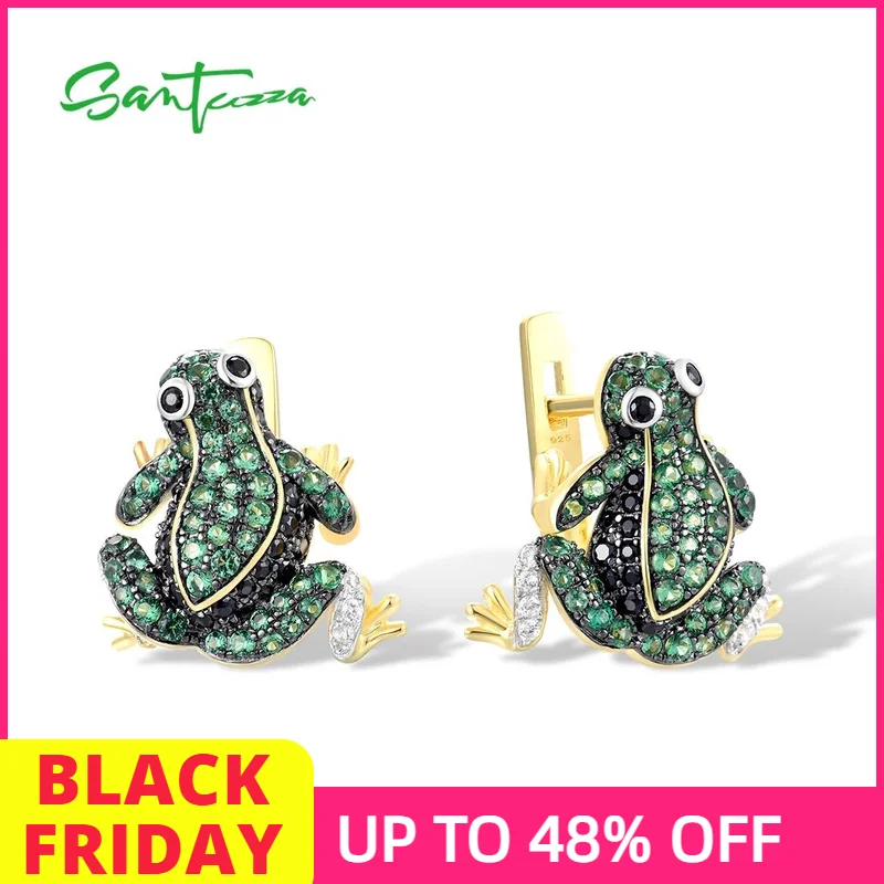 SANTUZZA Ohrringe aus reinem 925er-Sterlingsilber für Damen, funkelnd, grün, schwarz, Spinell, weiße CZ-Ohrringe, Froschtier, edler Schmuck